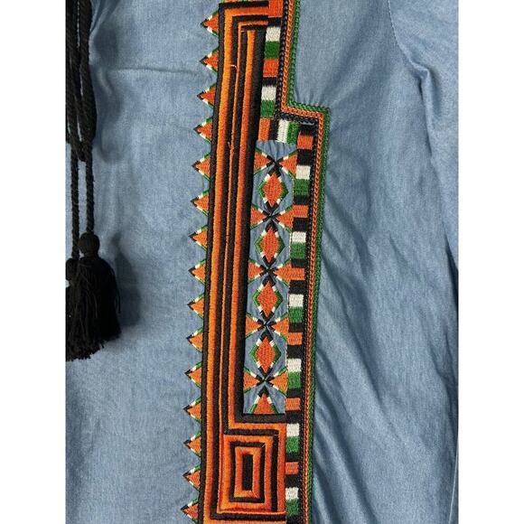 J J's Fairyland Dress Size Small Chambray Embroidered Tassle Tie Prairie Cottage - Picture 4 of 10